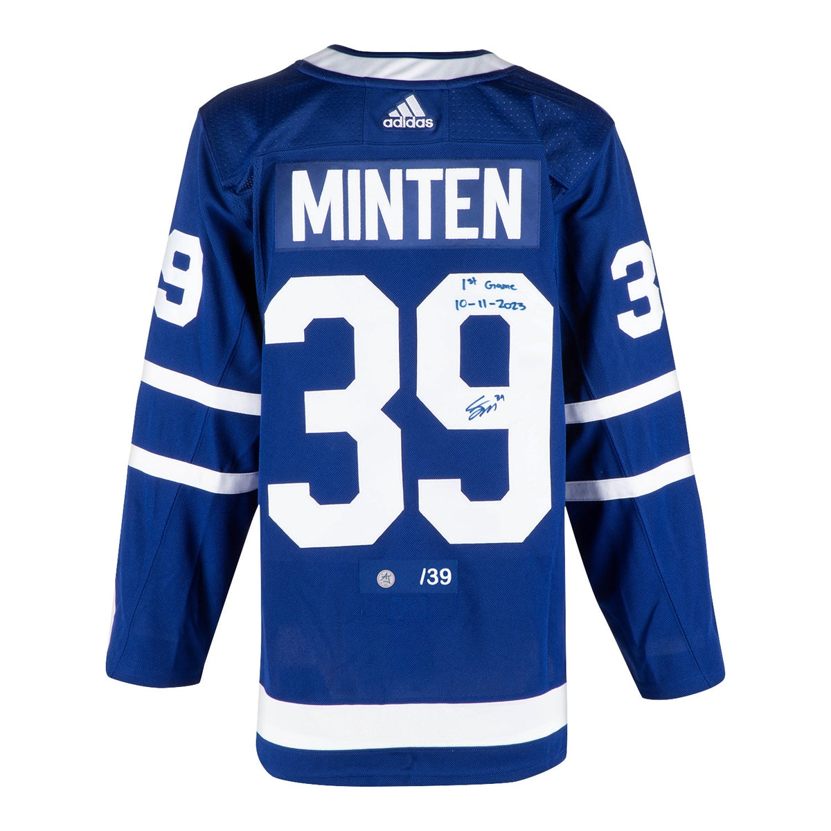 Fraser Minten Toronto Maple Leafs Signed & Dated 1st Game adidas Jersey #/39 product image 1, provided for visual reference