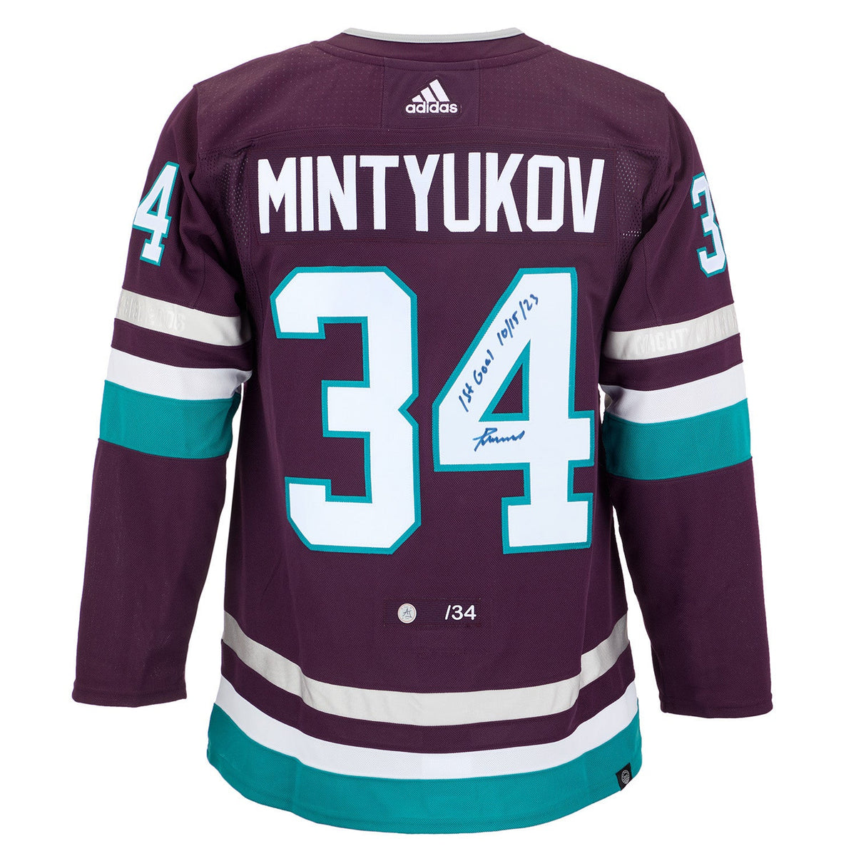 Pavel Mintyukov Anaheim Ducks Signed & Dated 1st Goal adidas Jersey #/34 product image 1, provided for visual reference and