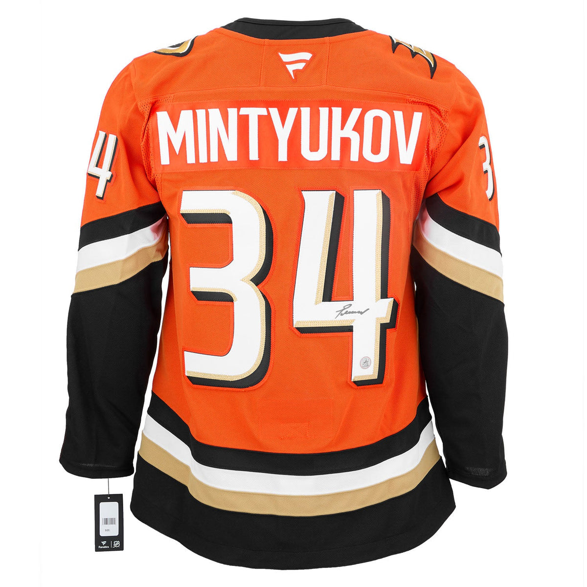 Pavel Mintyukov Signed Anaheim Ducks Orange Fanatics Premium Jersey product image 1, provided for visual reference and