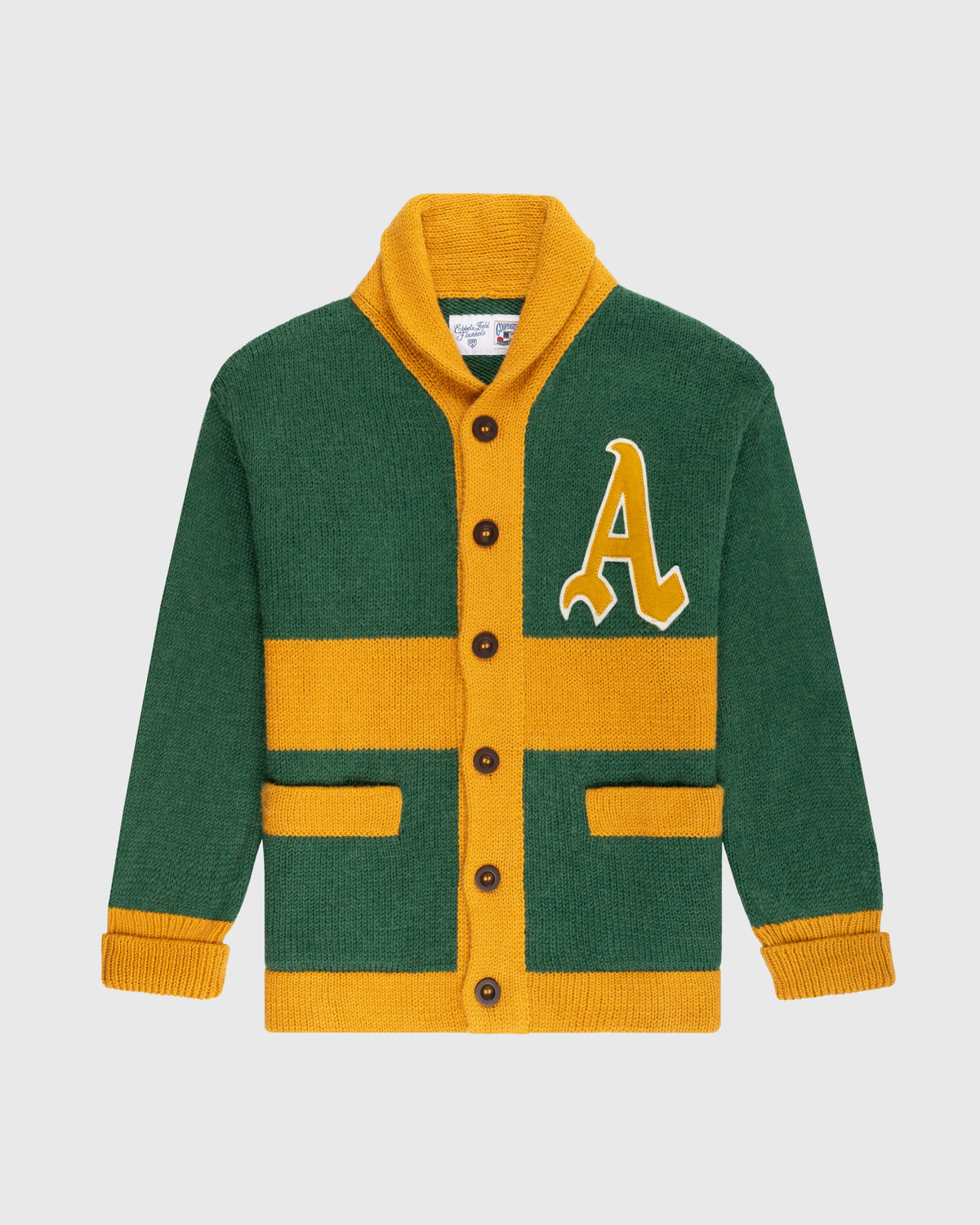 Oakland Athletics 1969 Wool Shawl Collar Sweater product image 1, provided for visual reference and product detail review