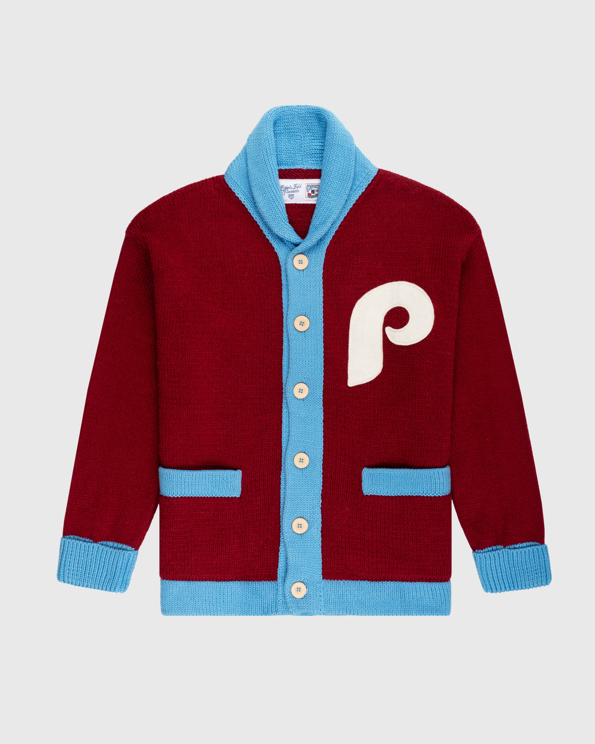 Philadelphia Phillies 1979 Wool Shawl Collar Sweater product image 1, provided for visual reference and product detail review