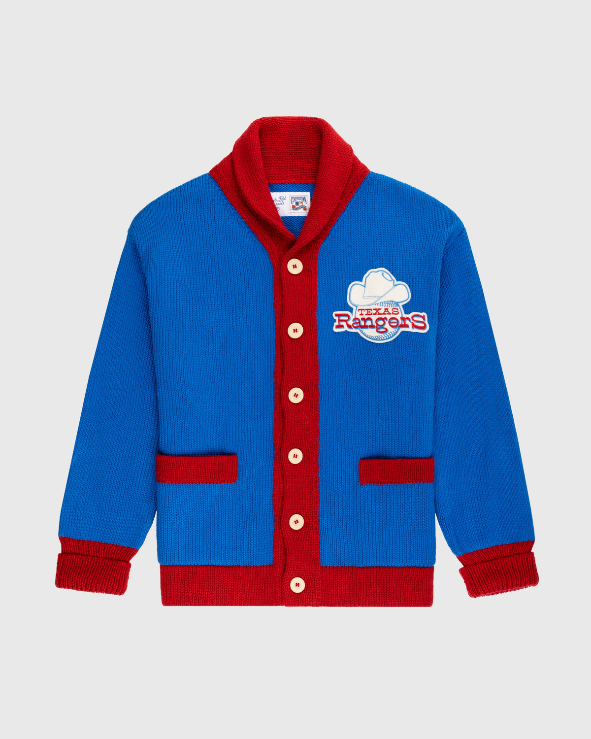 Texas Rangers 1972 Wool Shawl Collar Sweater product image 1, provided for visual reference and product detail review