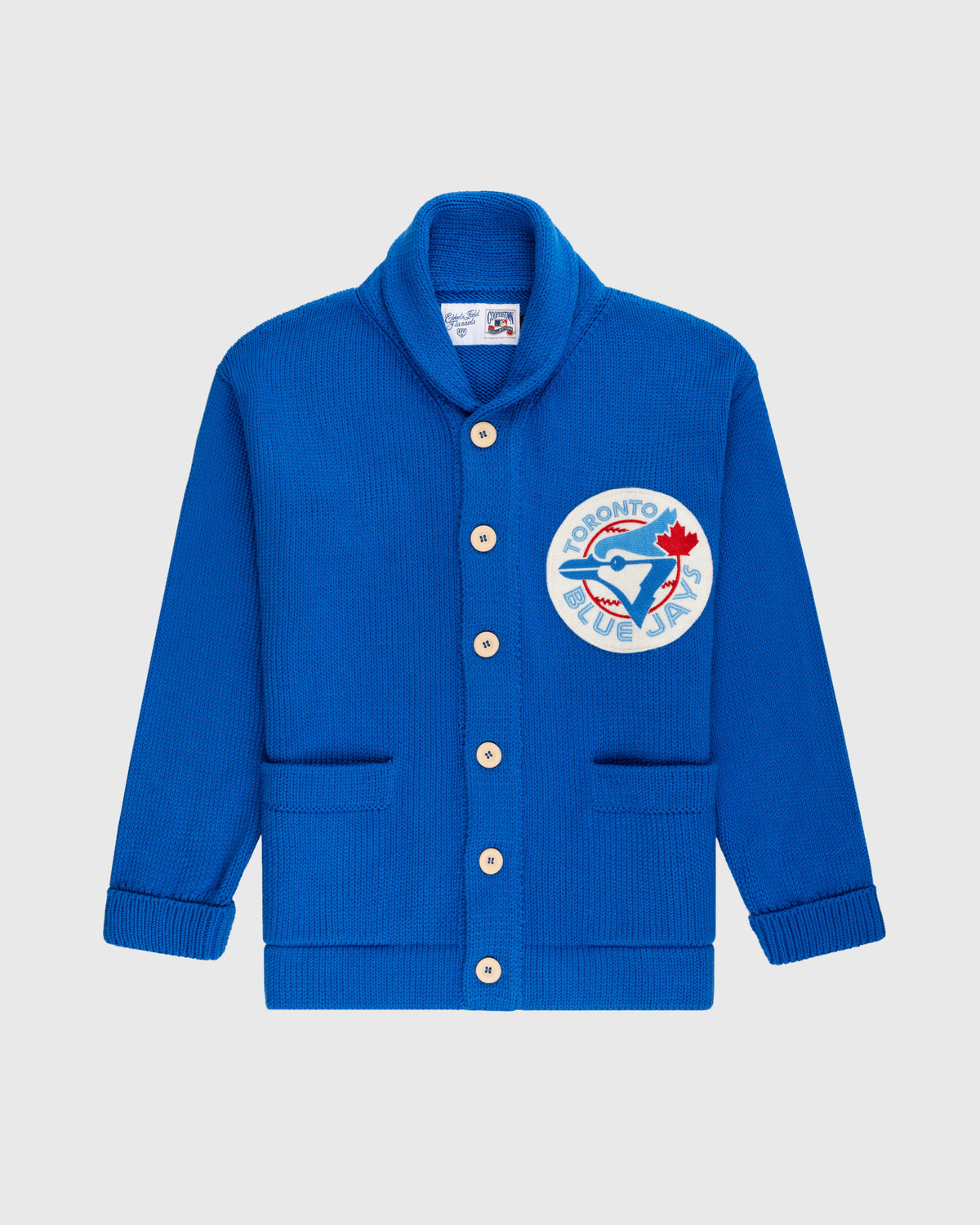 Toronto Blue Jays 1977 Wool Shawl Collar Sweater product image 1, provided for visual reference and product detail review