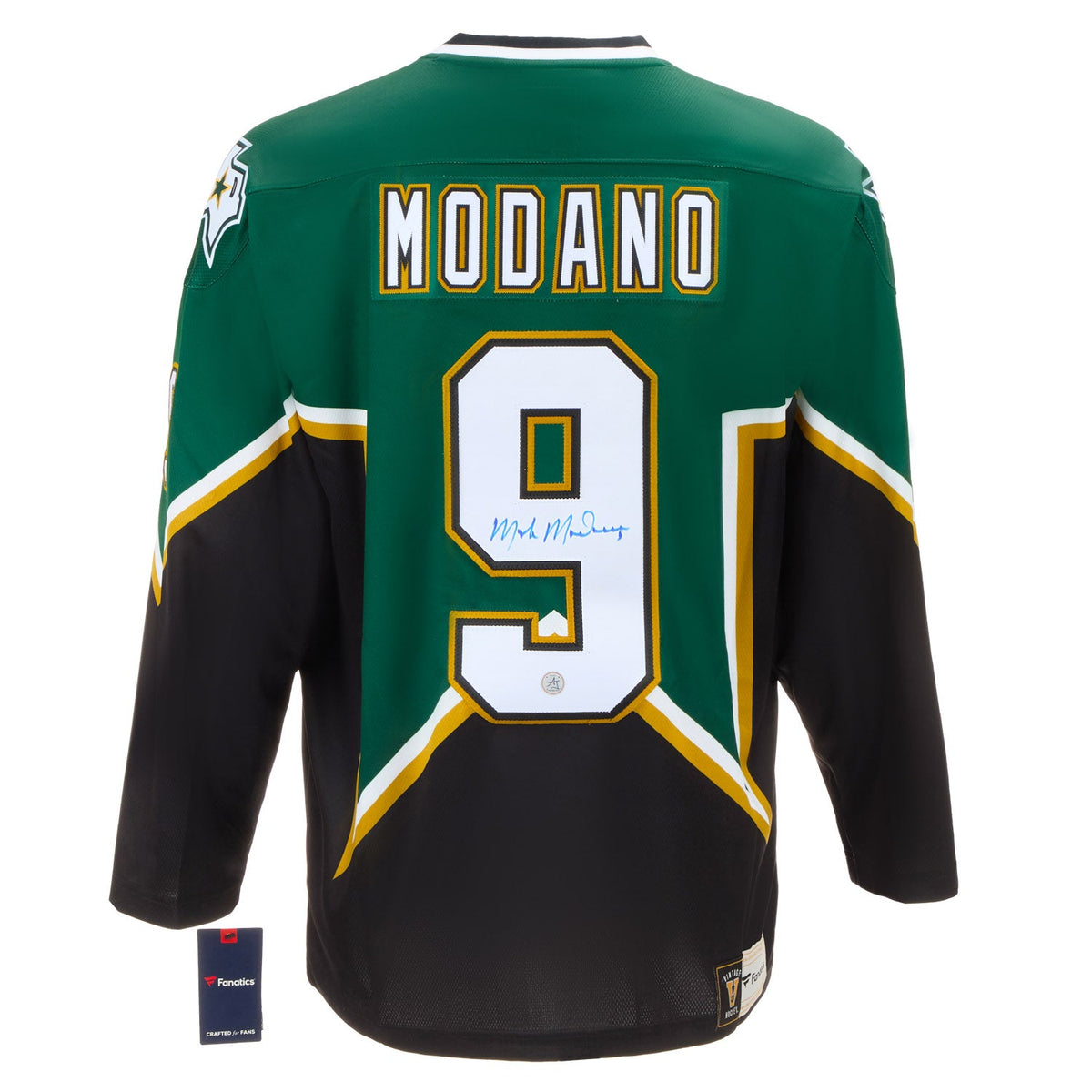 Mike Modano Autographed Dallas Stars Fanatics Throwback Jersey product image 1, provided for visual reference and product