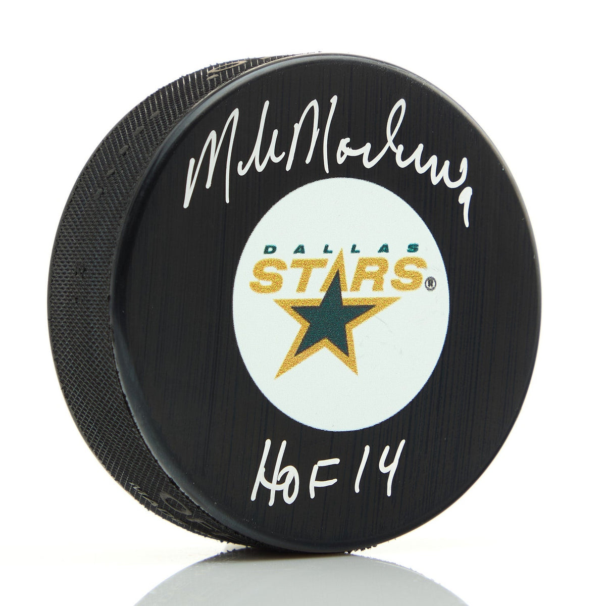 Mike Modano Autographed Dallas Stars Retro Logo Puck with HOF Note product image 1, provided for visual reference and