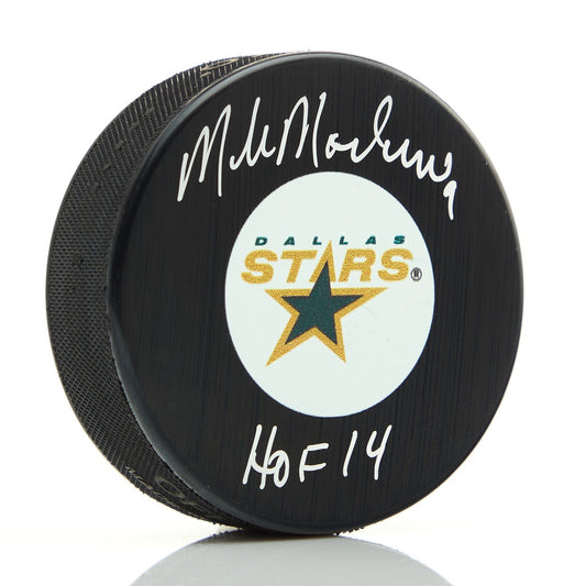 Mike Modano Autographed Dallas Stars Retro Logo Puck with HOF Note product image 1, provided for visual reference and