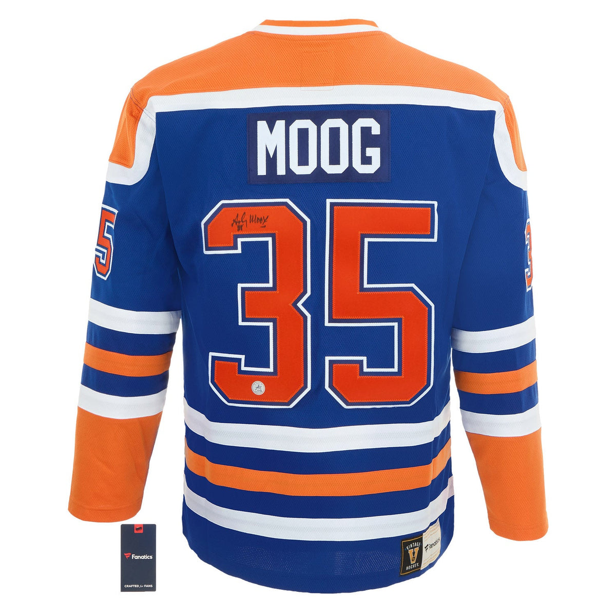 Andy Moog Autographed Edmonton Oilers Throwback Breakaway Jersey product image 1, provided for visual reference and product