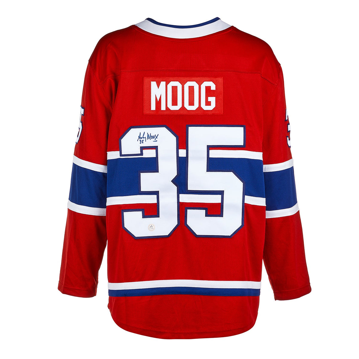 Andy Moog Autographed Montreal Canadiens Fanatics Breakaway Jersey product image 1, provided for visual reference and