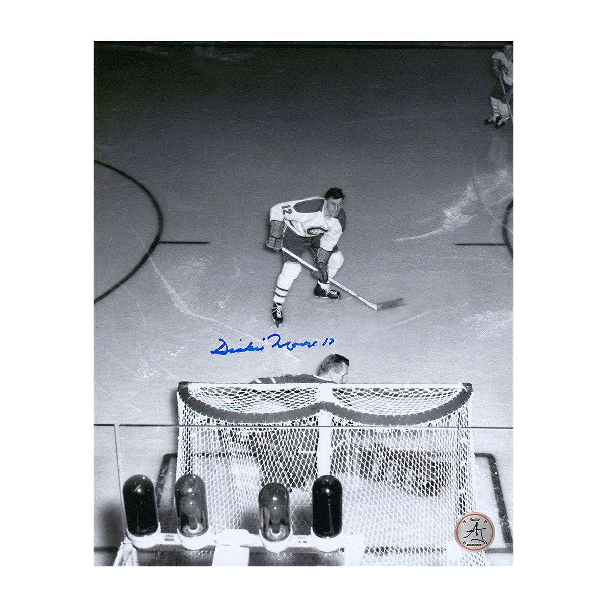 Dickie Moore Signed Montreal Canadiens Overhead vs Bower 8x10 Photo product image 1, provided for visual reference and