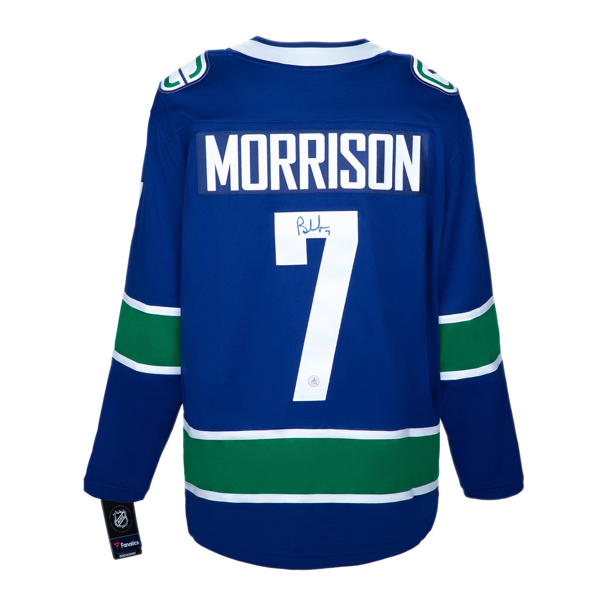 Brendan Morrison Autographed Vancouver Canucks Blue Fanatics Breakaway Jersey product image 1, provided for visual reference
