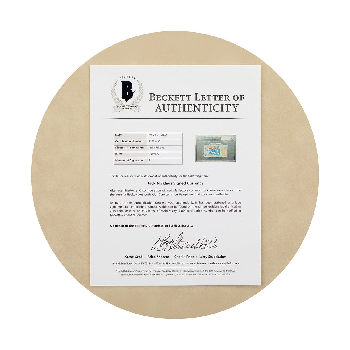 Jack Nicklaus Autographed British Open £5 Bank of Scotland Note Beckett COA product image 3, provided for visual reference