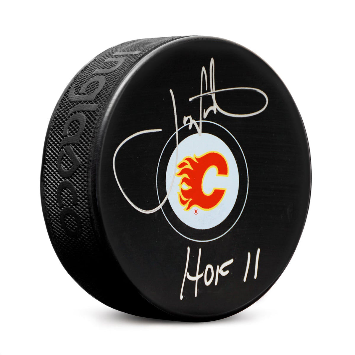 Joe Nieuwendyk Signed Calgary Flames Hockey Puck with HOF Note product image 1, provided for visual reference and product