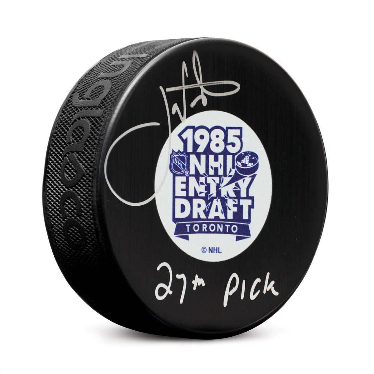 Joe Nieuwendyk Signed 1985 NHL Entry Draft Puck with 27th Pick Note product image 1, provided for visual reference and
