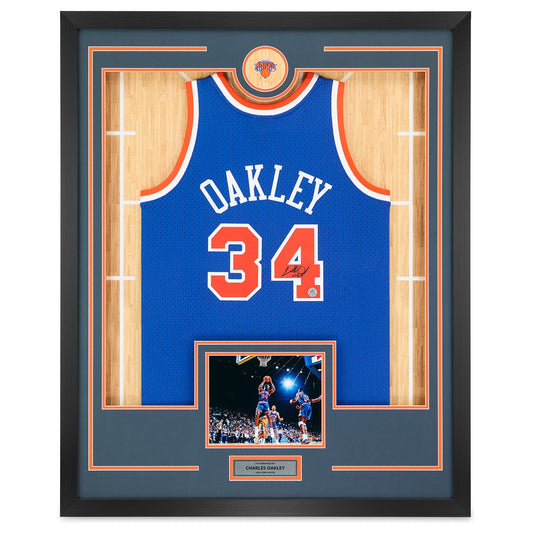 Charles Oakley Signed New York Knicks Team Logo 36x44 Jersey Frame product image 1, provided for visual reference and