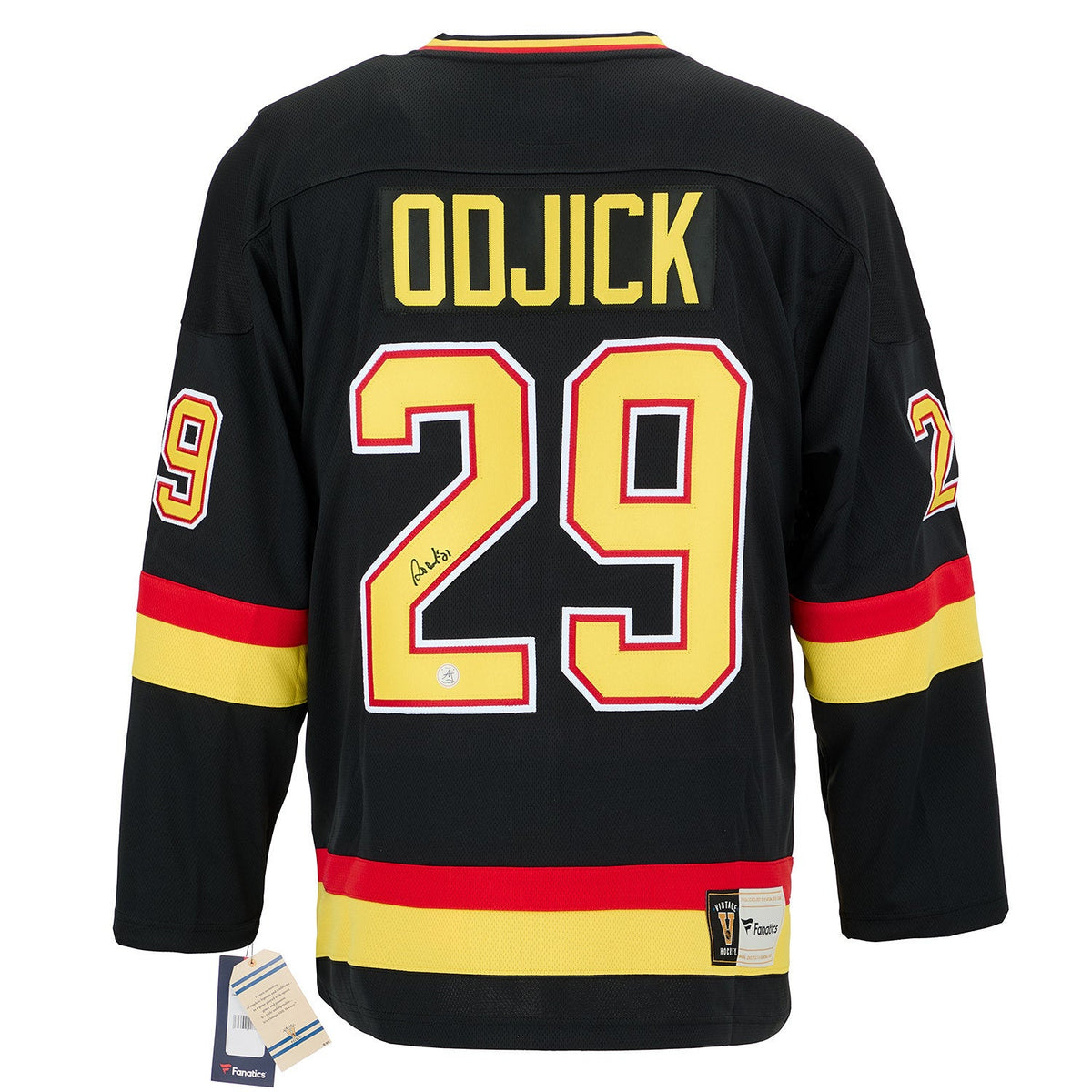 Gino Odjick Autographed Vancouver Canucks Black Fanatics Throwback Jersey product image 1, provided for visual reference and