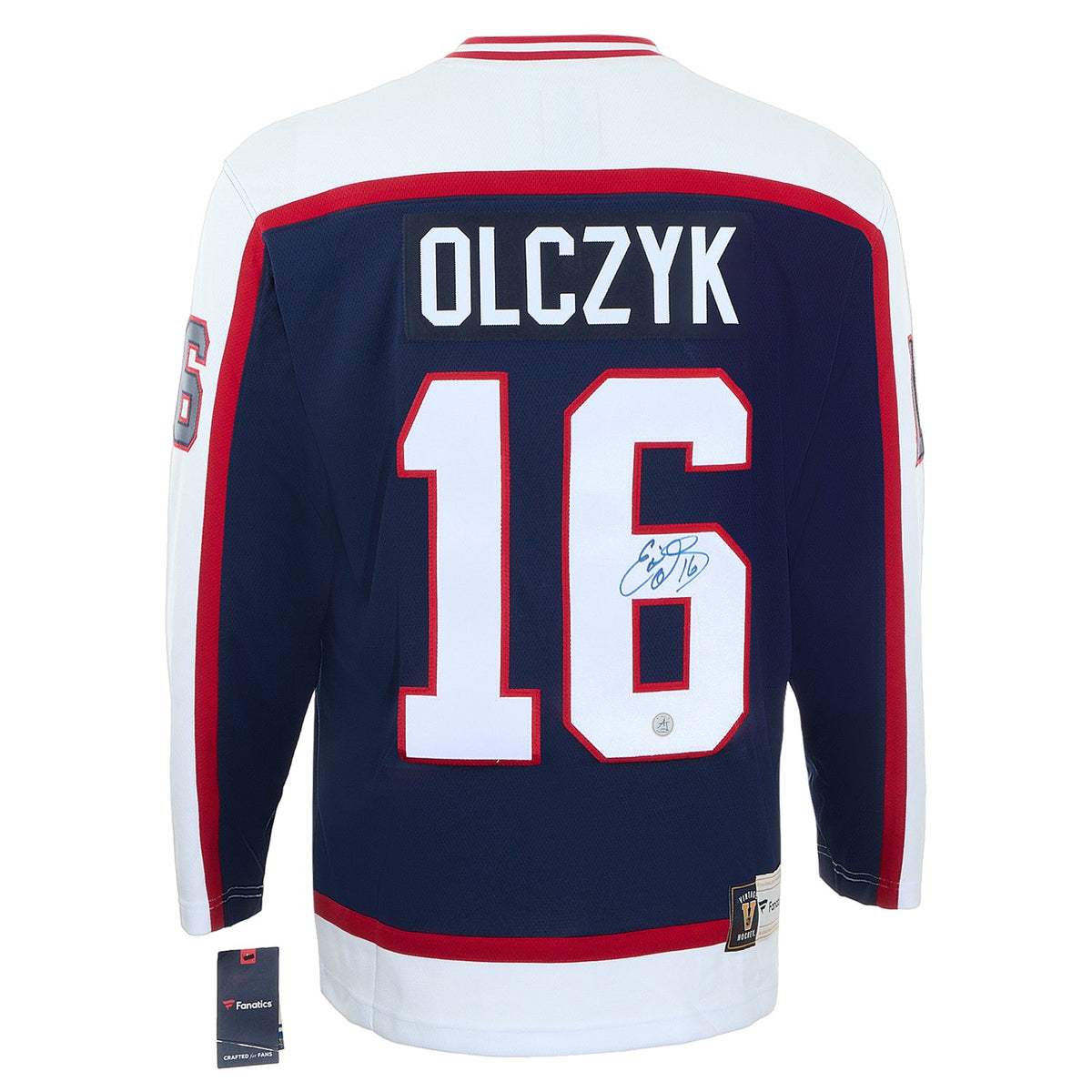 Ed Olczyk Autographed Winnipeg Jets Fanatics Throwback Jersey product image 1, provided for visual reference and product