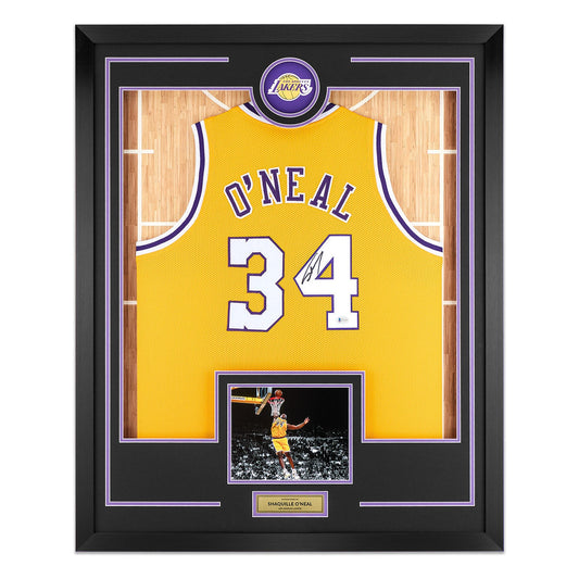 Shaquille O'Neal Signed Los Angeles Lakers Team Logo 36x44 Jersey Frame product image 1, provided for visual reference and