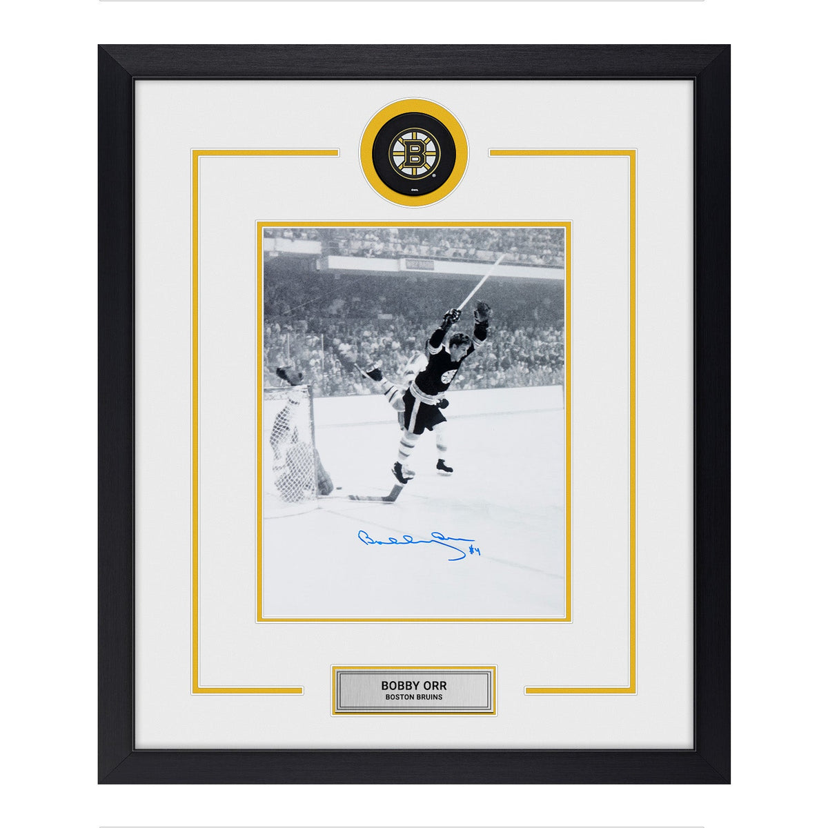 Bobby Orr Autographed Boston Bruins Puck Logo 22x26 Frame product image 1, provided for visual reference and product detail