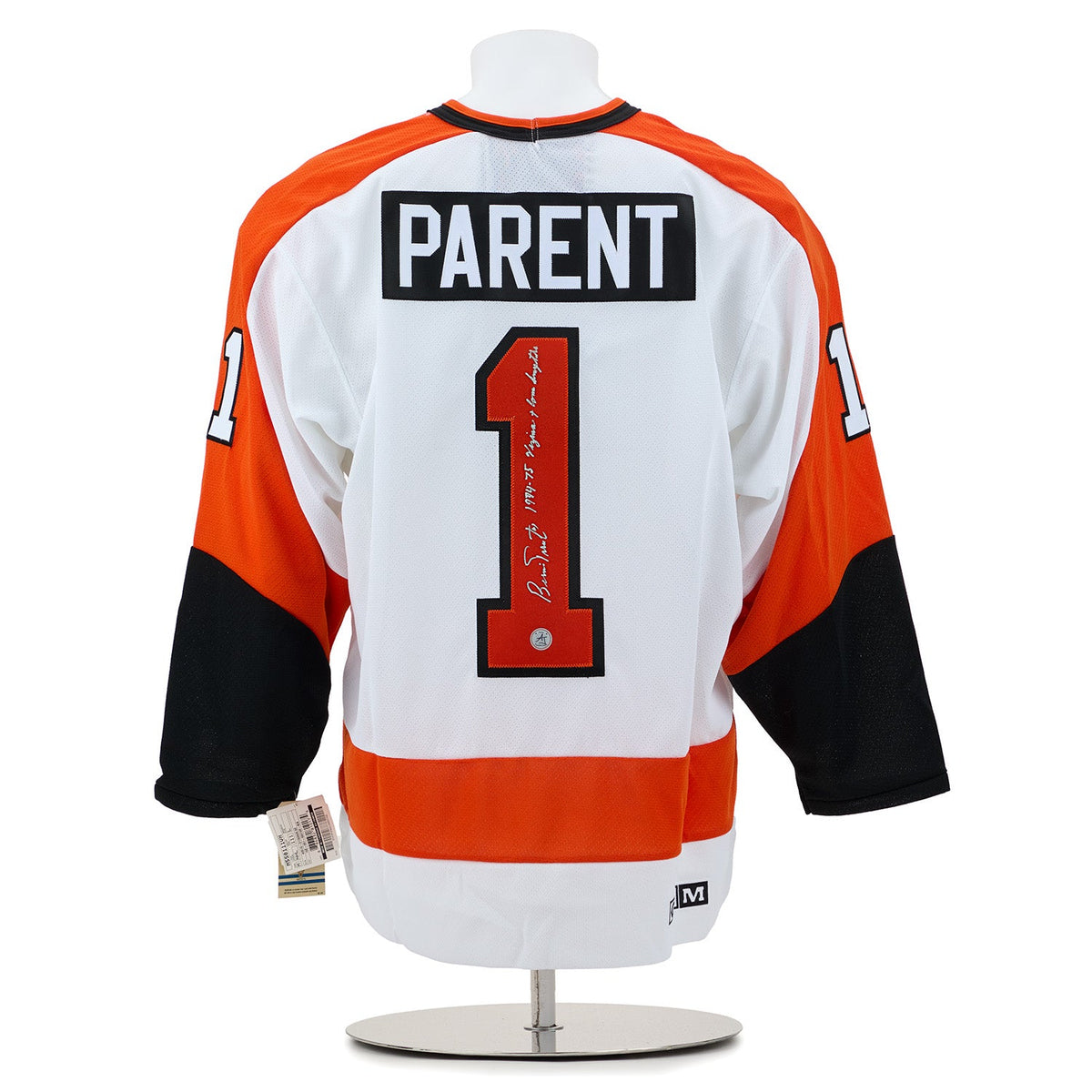 Bernie Parent Signed & Inscribed Philadelphia Flyers White Vintage CCM Jersey product image 1, provided for visual reference