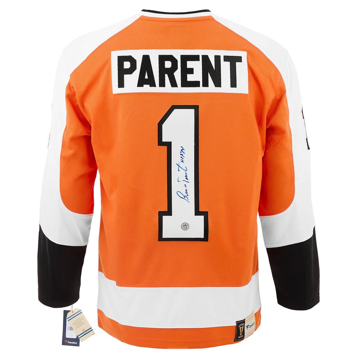 Bernie Parent Signed & Inscribed Philadelphia Flyers Fanatics Throwback Jersey product image 1, provided for visual