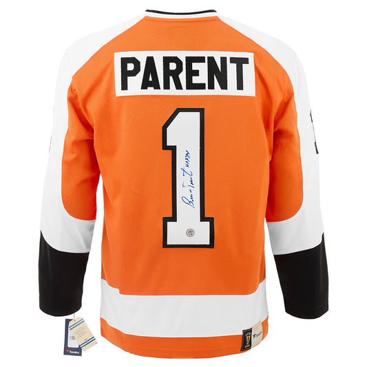Bernie Parent Signed & Inscribed Philadelphia Flyers Fanatics Throwback Jersey product image 1, provided for visual