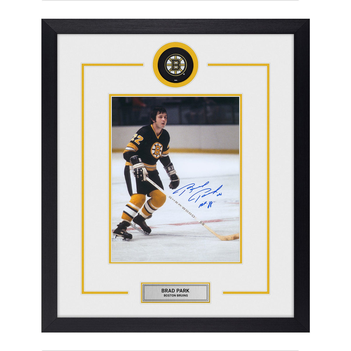 Brad Park Autographed Boston Bruins Puck Logo 23x27 Frame product image 1, provided for visual reference and product detail