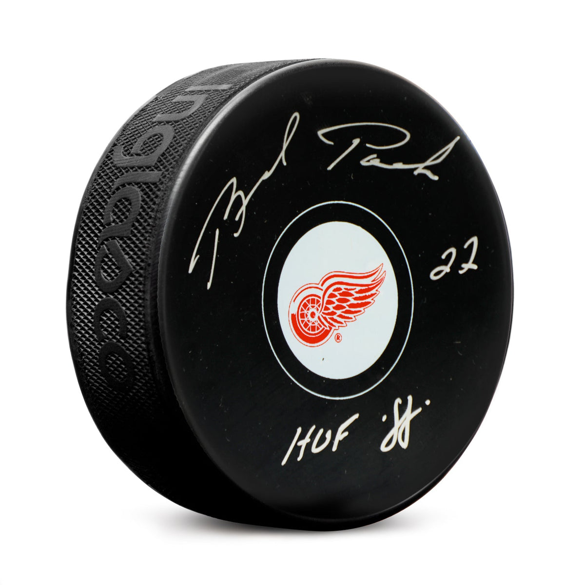 Brad Park Autographed Detroit Red Wings Hockey Puck with HOF Note product image 1, provided for visual reference and product