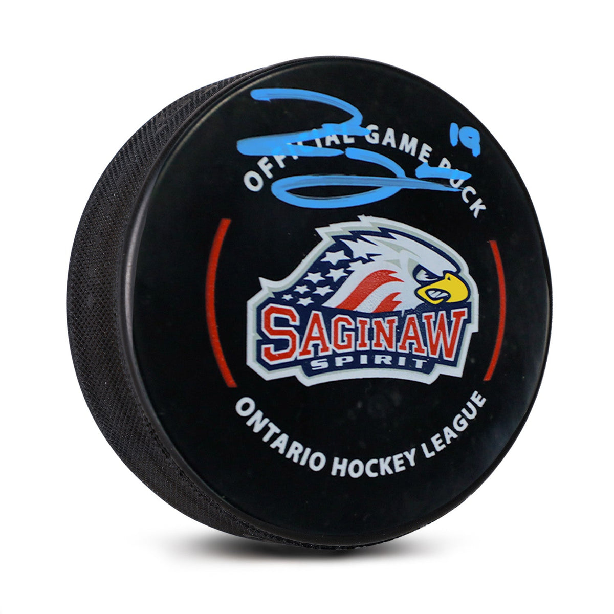Zayne Parekh Autographed Saginaw Spirit Official CHL Game Puck product image 1, provided for visual reference and product