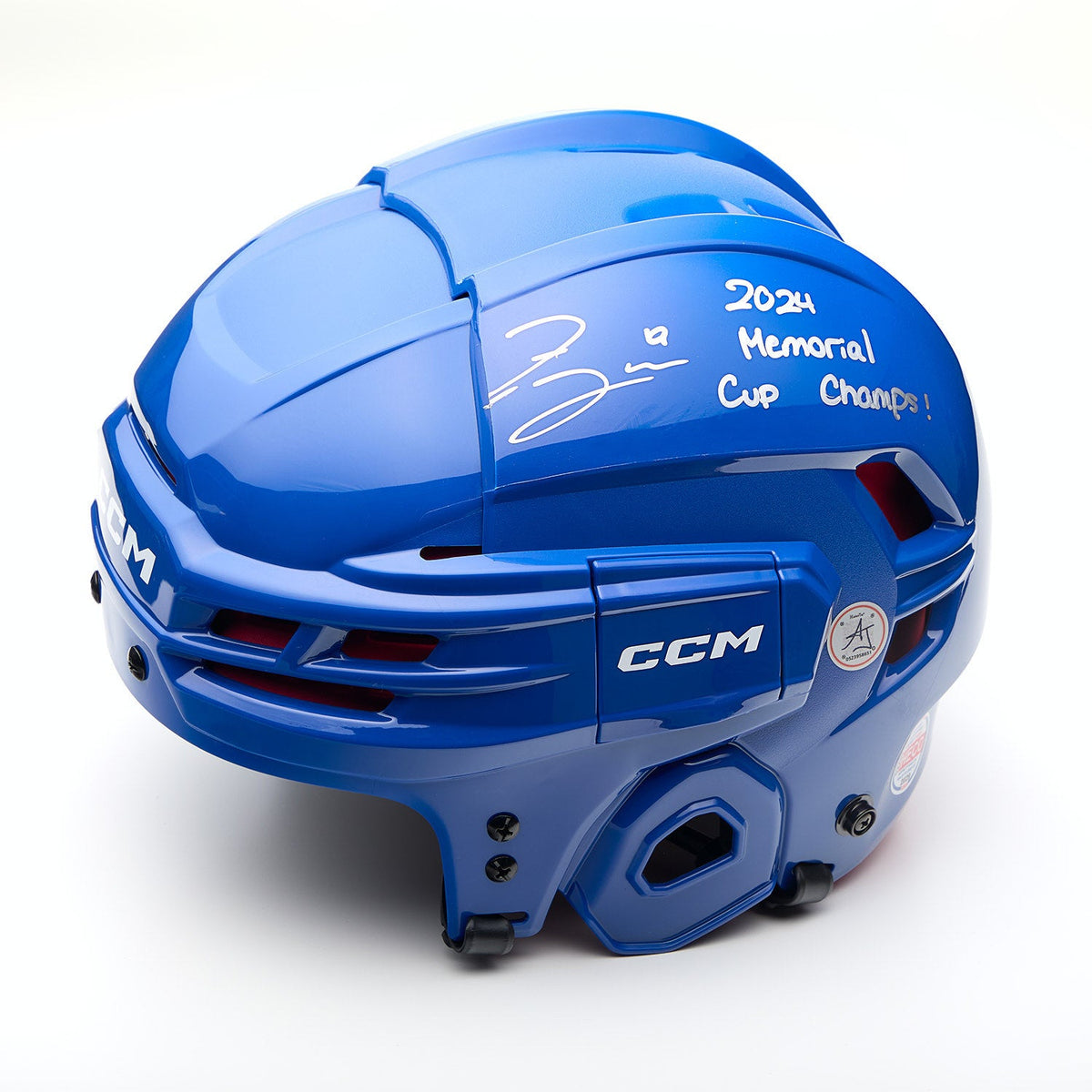 Zayne Parekh Signed Blue CCM Hockey Helmet with Memorial Cup Inscription product image 1, provided for visual reference and