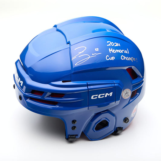 Zayne Parekh Signed Blue CCM Hockey Helmet with Memorial Cup Inscription product image 1, provided for visual reference and