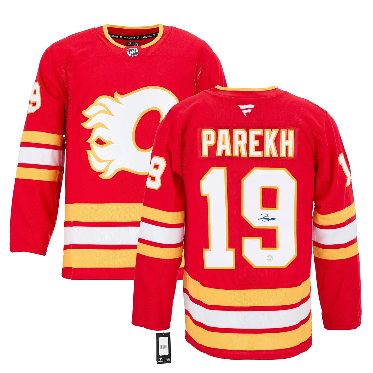 Zayne Parekh Autographed Calgary Flames Fanatics Premium Jersey product image 3, provided for visual reference and product