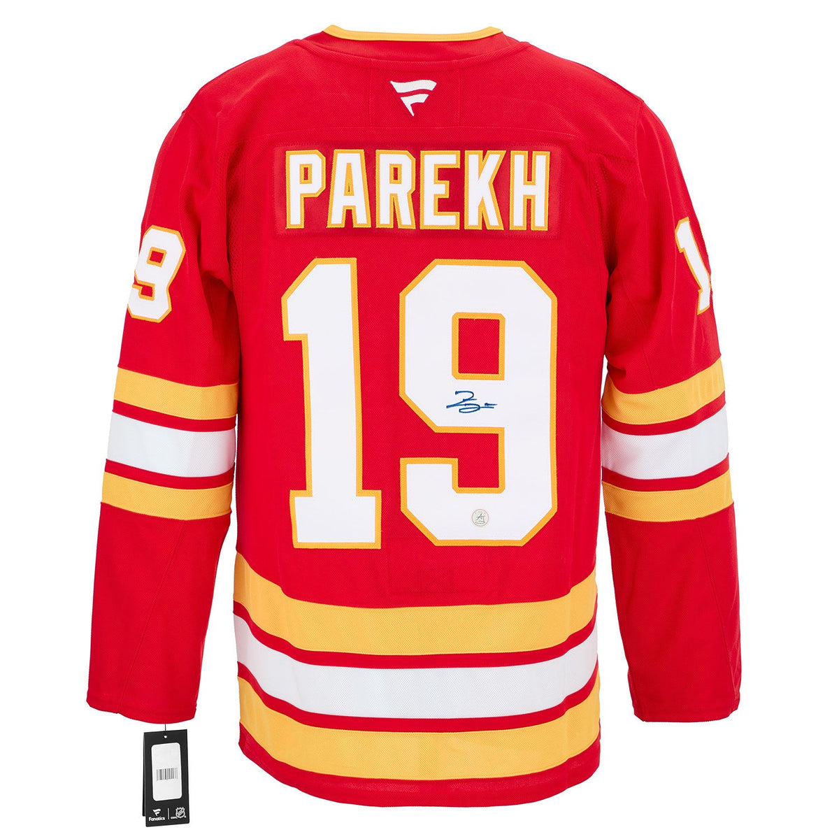 Zayne Parekh Autographed Calgary Flames Fanatics Premium Jersey product image 1, provided for visual reference and product