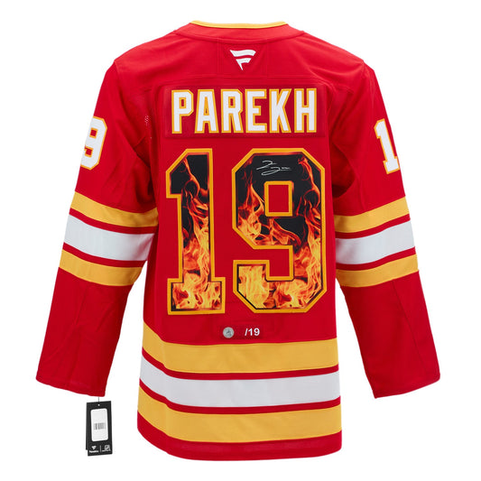 Zayne Parekh Signed Calgary Flames Roaring Fire Art Jersey #/19 product image 1, provided for visual reference and product
