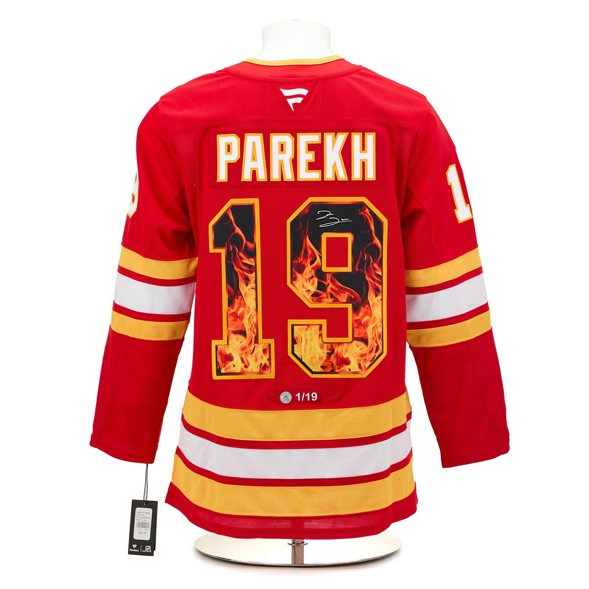 Zayne Parekh Signed Calgary Flames Roaring Fire Art Jersey #1/19 product image 1, provided for visual reference and product