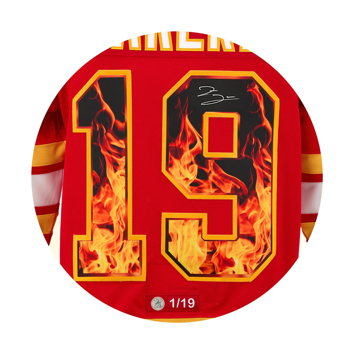 Zayne Parekh Signed Calgary Flames Roaring Fire Art Jersey #1/19 product image 3, provided for visual reference and product