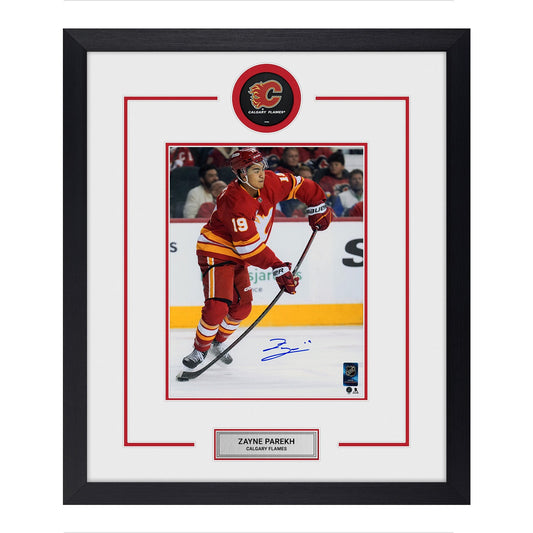Zayne Parekh Autographed Calgary Flames Puck Logo 22x26 Frame product image 1, provided for visual reference and product