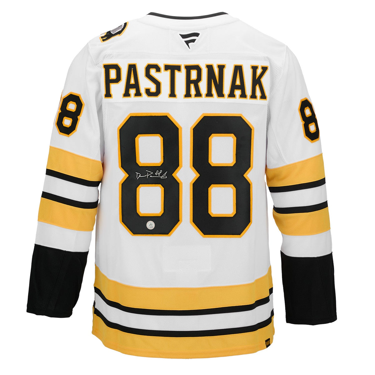 David Pastrnak Signed Boston Bruins White Fanatics Premium Jersey product image 1, provided for visual reference and product