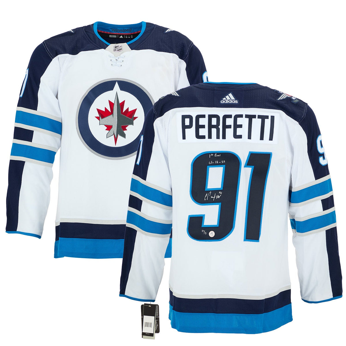 Cole Perfetti Winnipeg Jets Signed & Dated 1st Goal adidas Jersey #/91 product image 3, provided for visual reference and