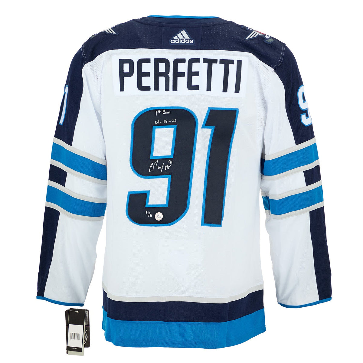 Cole Perfetti Winnipeg Jets Signed & Dated 1st Goal adidas Jersey #/91 product image 1, provided for visual reference and