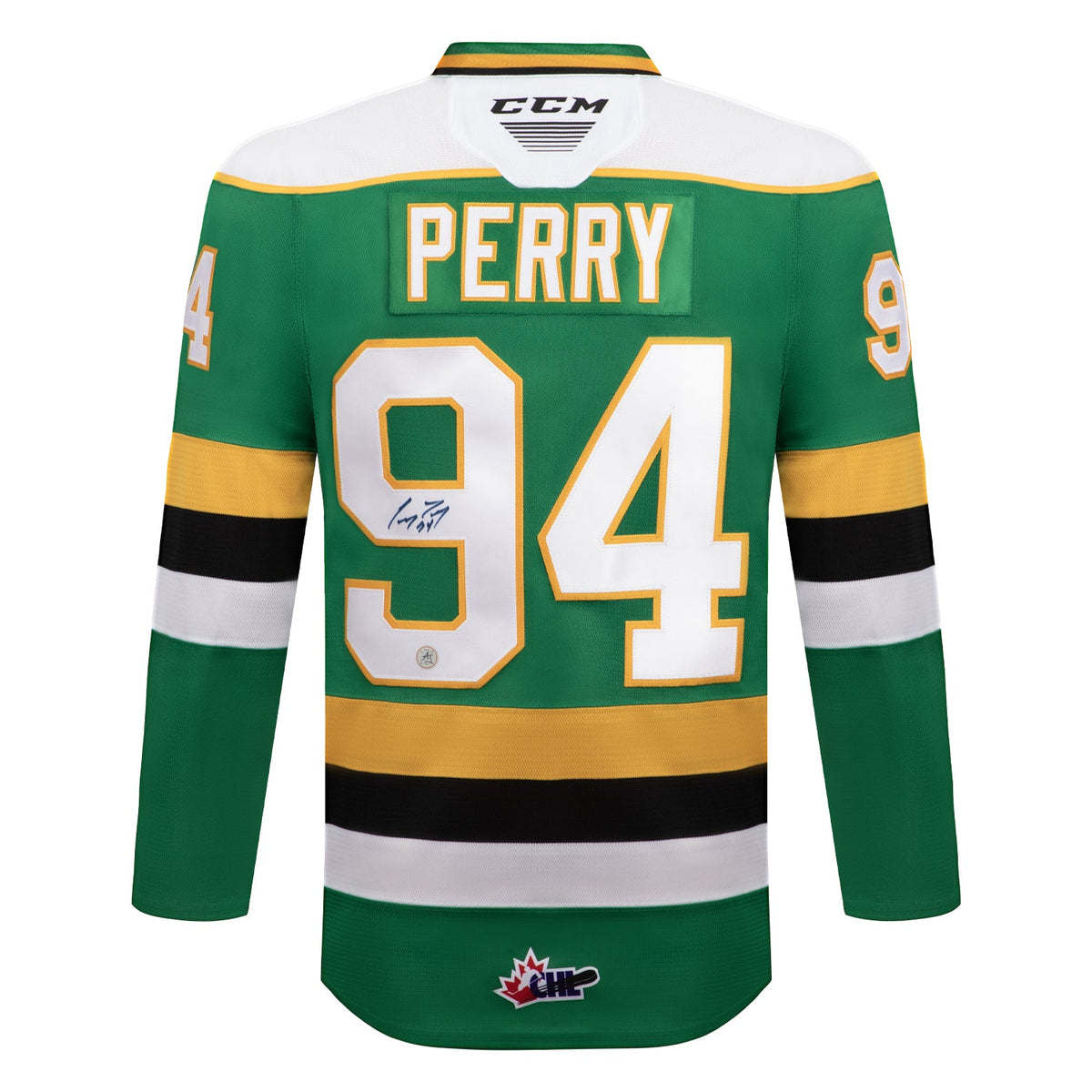Corey Perry Autographed London Knights Green CCM CHL Jersey product image 1, provided for visual reference and product