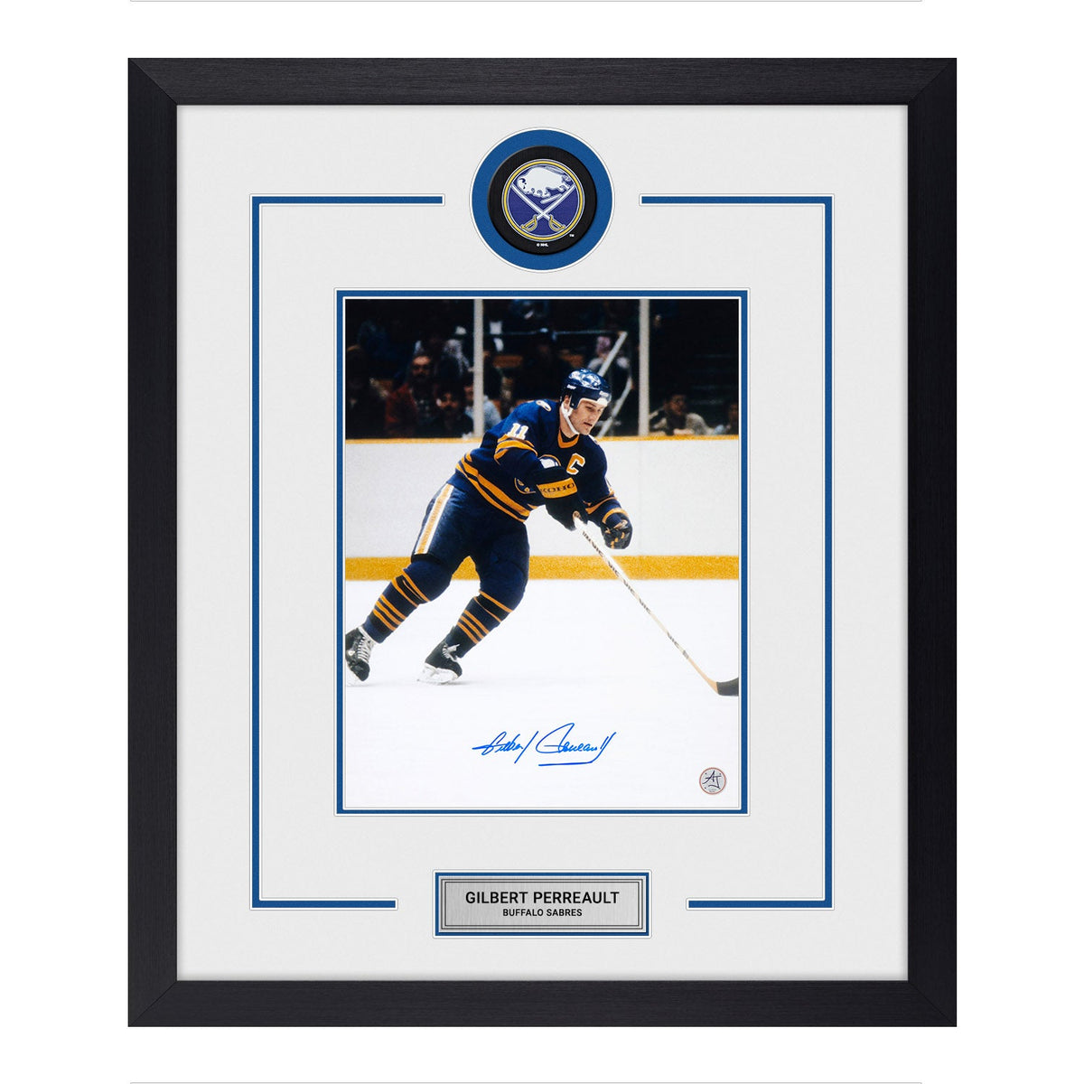 Gilbert Perreault Autographed Buffalo Sabres Puck Logo 23x27 Frame product image 1, provided for visual reference and