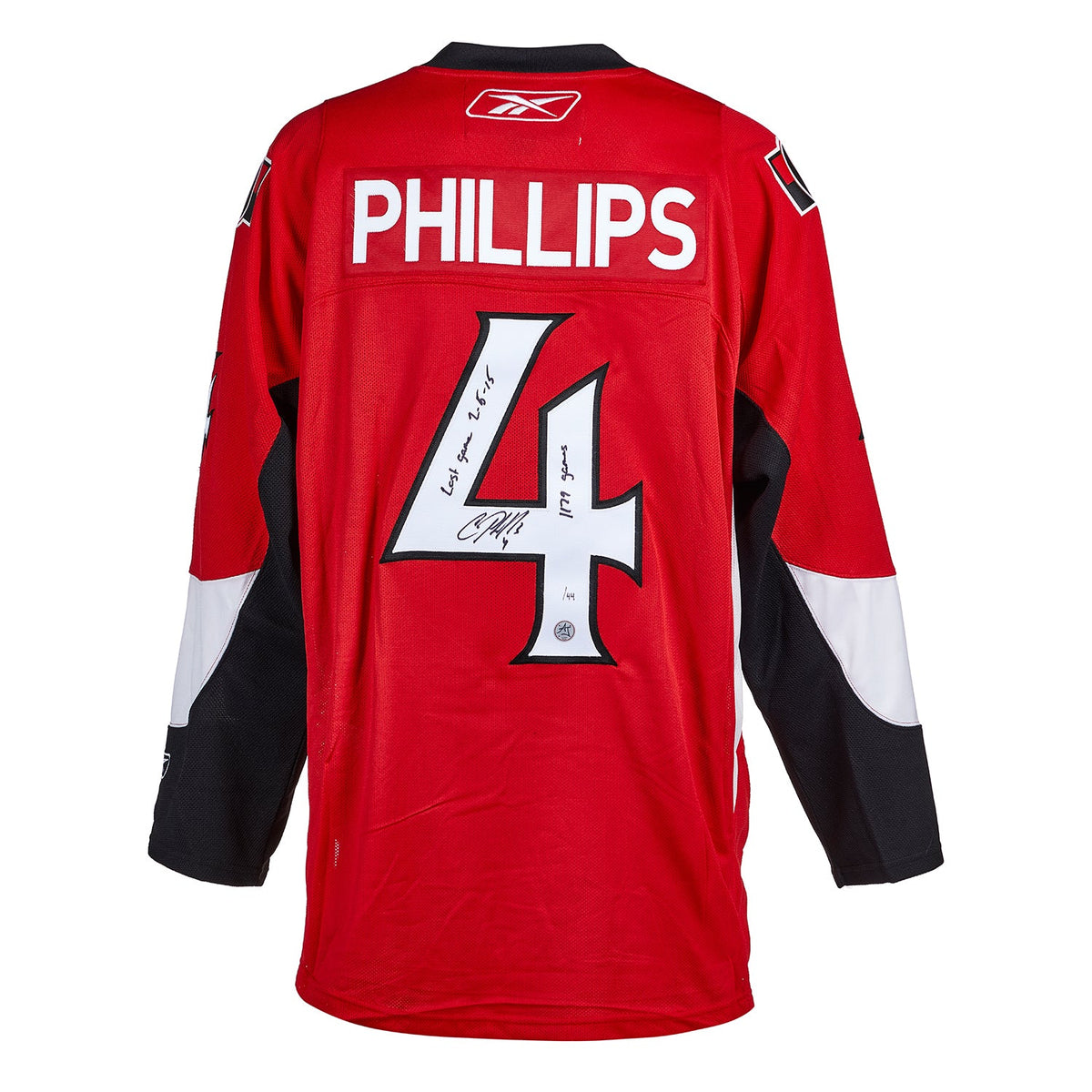 Chris Phillips Ottawa Senators Signed & Dated Last Game Reebok Jersey #/44 product image 1, provided for visual reference