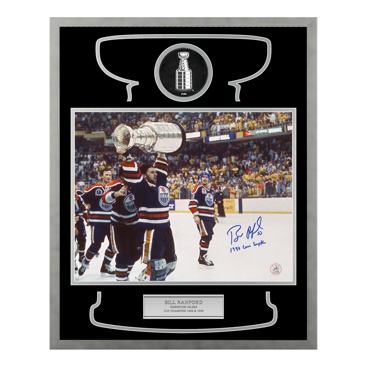 Bill Ranford Autographed Edmonton Oilers Cup Champion 17x21 Frame product image 1, provided for visual reference and product