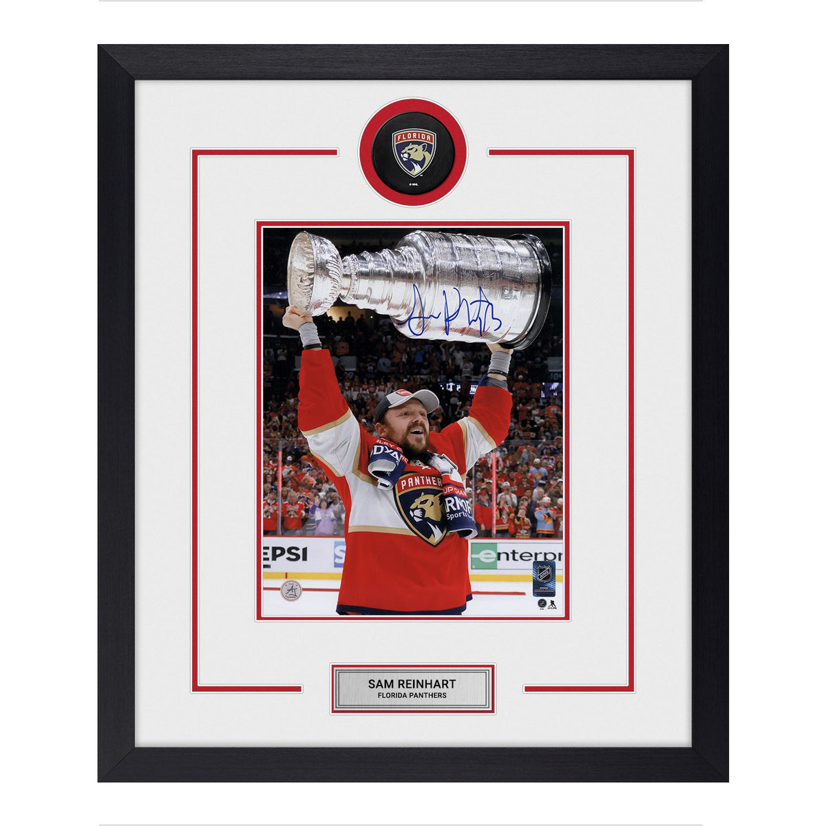 Sam Reinhart Autographed Florida Panthers Puck Logo 23x27 Frame product image 1, provided for visual reference and product