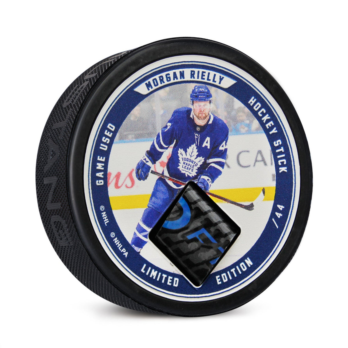 Morgan Rielly Authentic Game Used Hockey Stick Collector Puck #/44 product image 1, provided for visual reference and