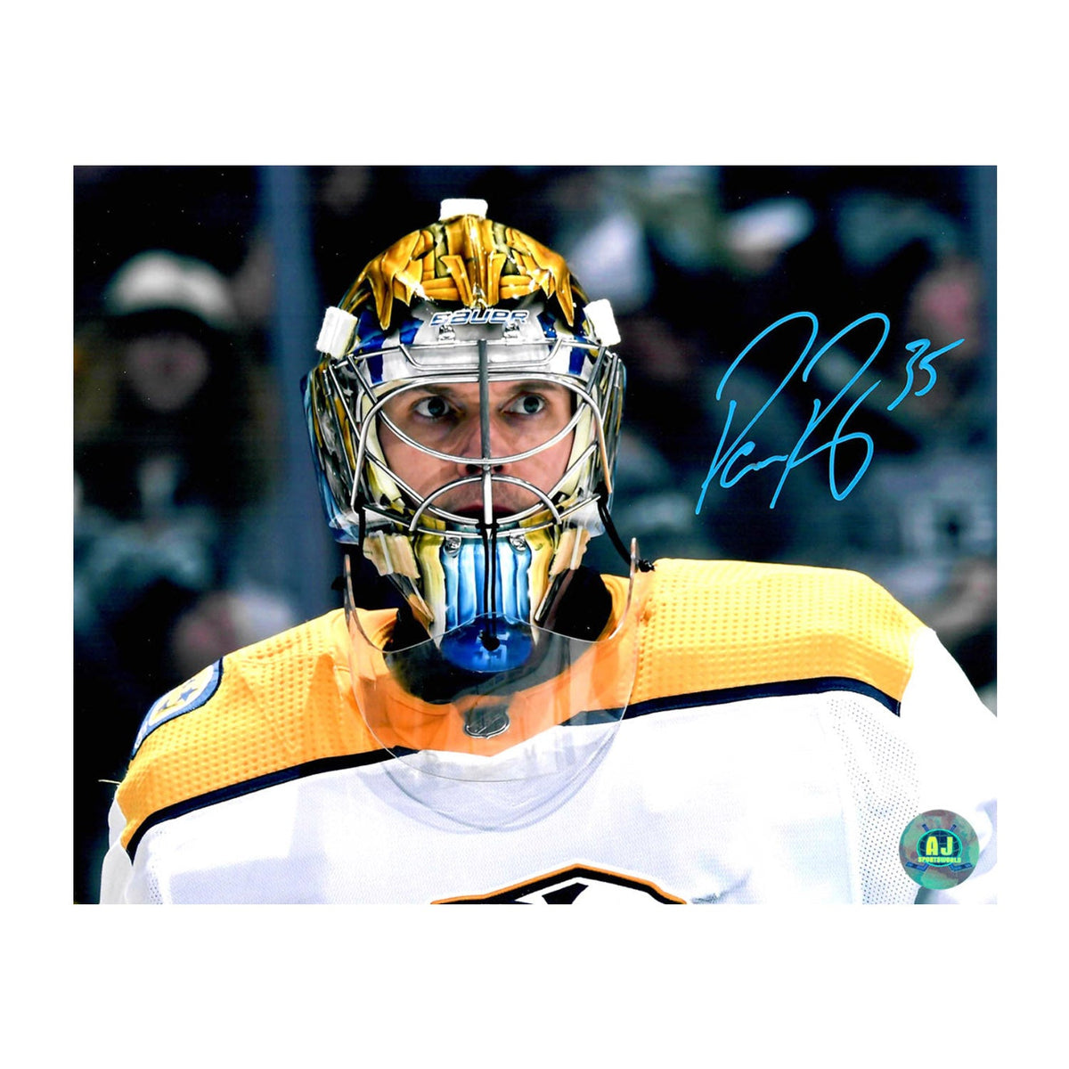 Pekka Rinne Autographed Nashville Predators Mask Close-Up 8x10 Photo product image 1, provided for visual reference and