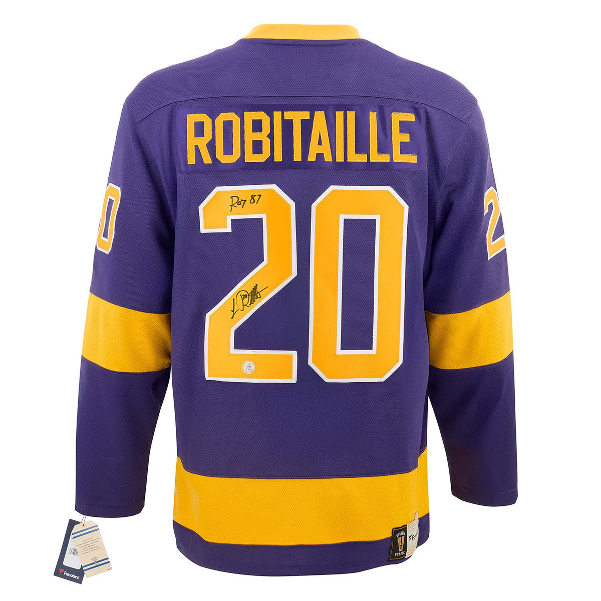 Luc Robitaille Signed Los Angeles Kings Rookie Fanatics Throwback Jersey with ROY Note product image 1, provided for visual