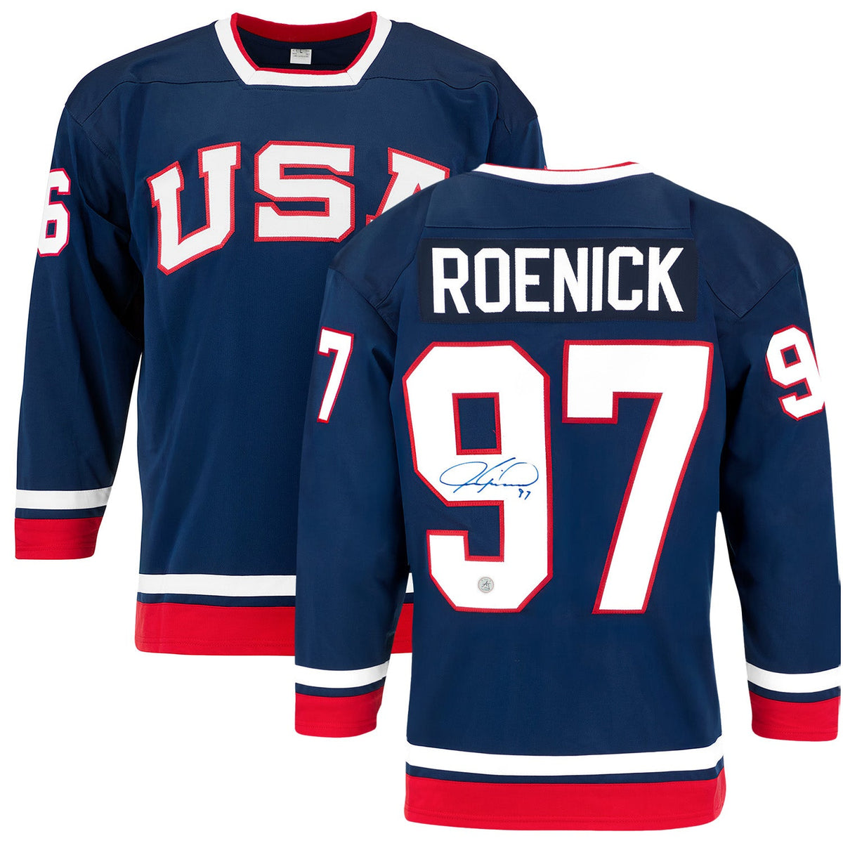 Jeremy Roenick Autographed Team USA Custom Hockey Nation Jersey product image 3, provided for visual reference and product