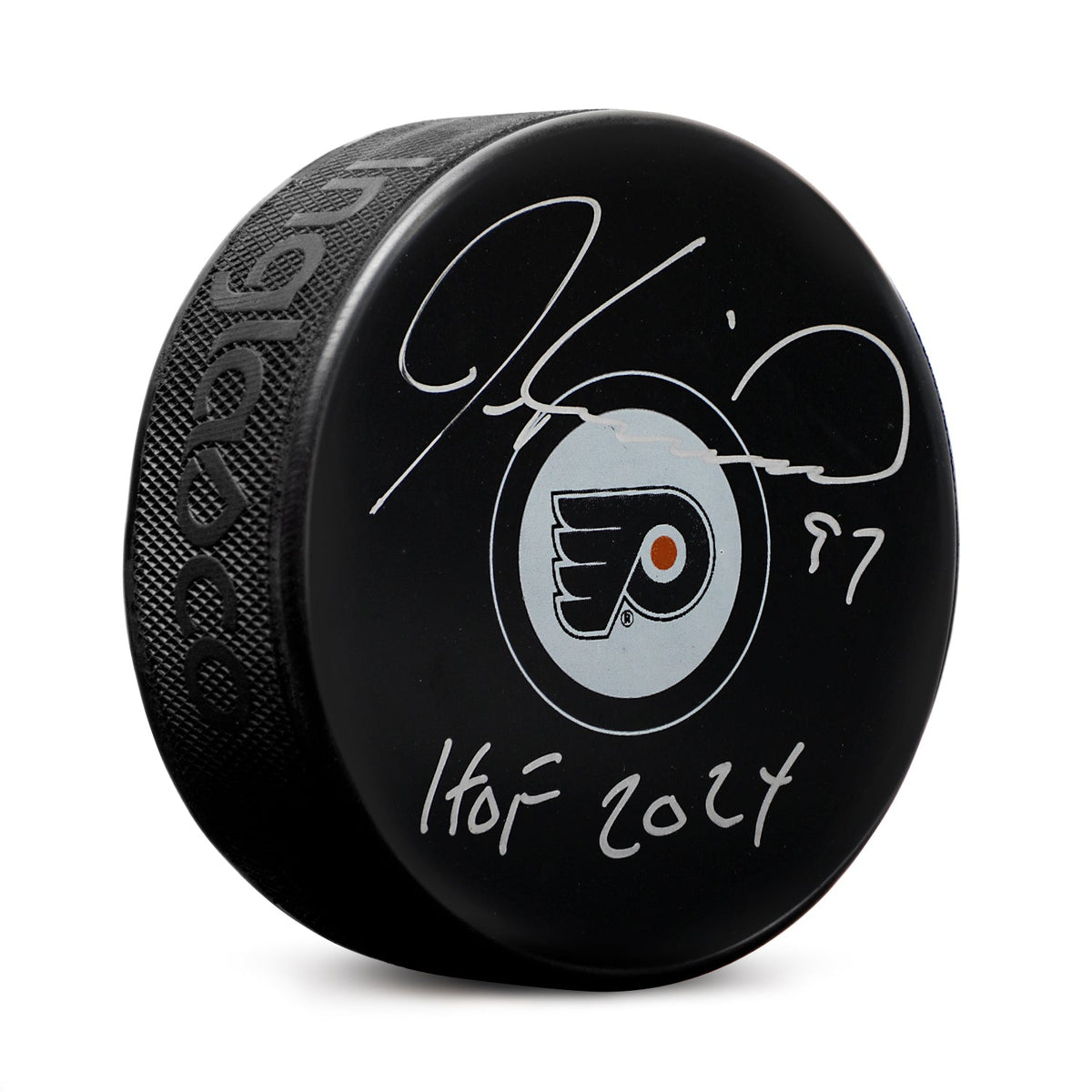 Jeremy Roenick Autographed Philadelphia Flyers Hockey Puck with HOF Note product image 1, provided for visual reference and