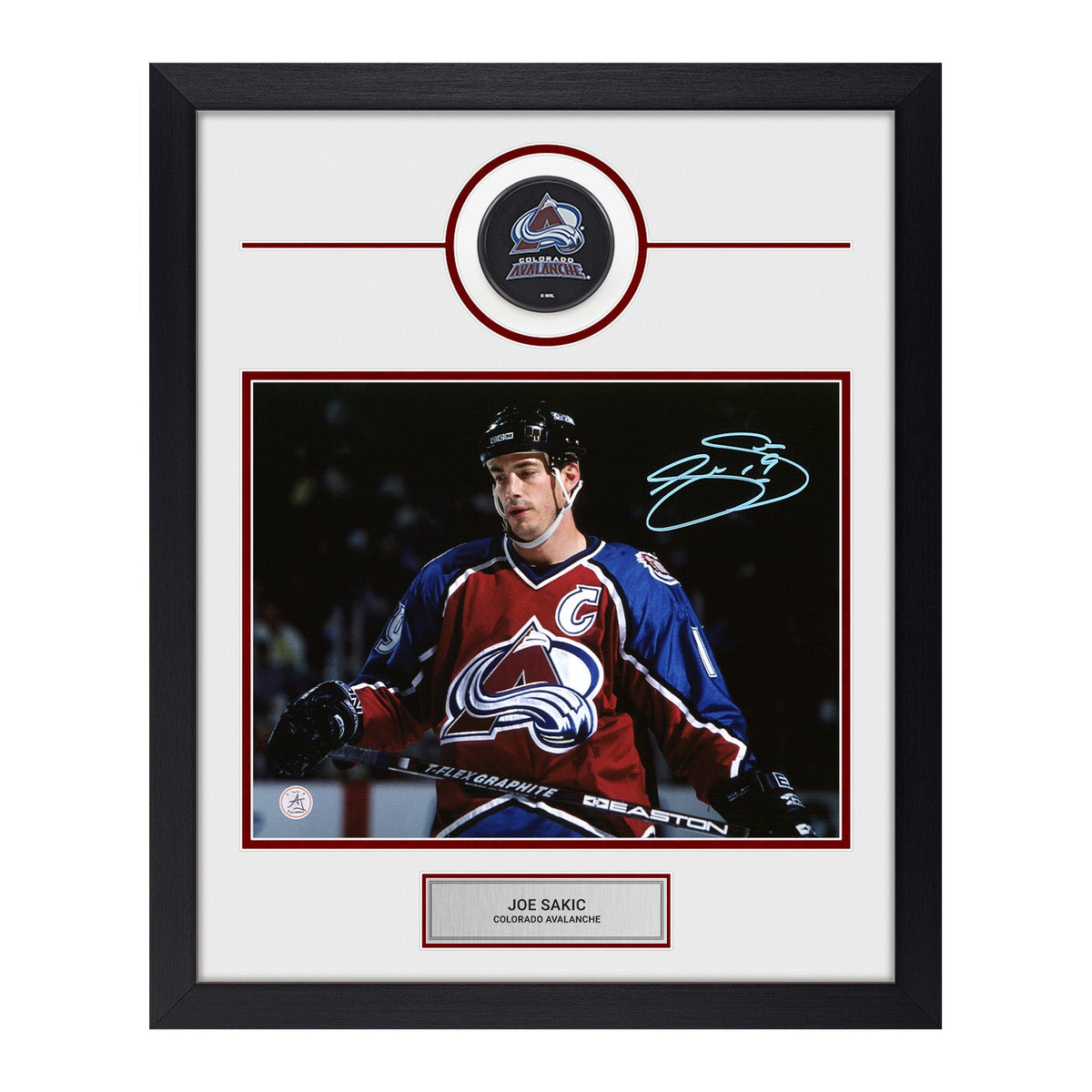 Joe Sakic Signed Colorado Avalanche Puck Logo 18x22 Frame product image 1, provided for visual reference and product detail